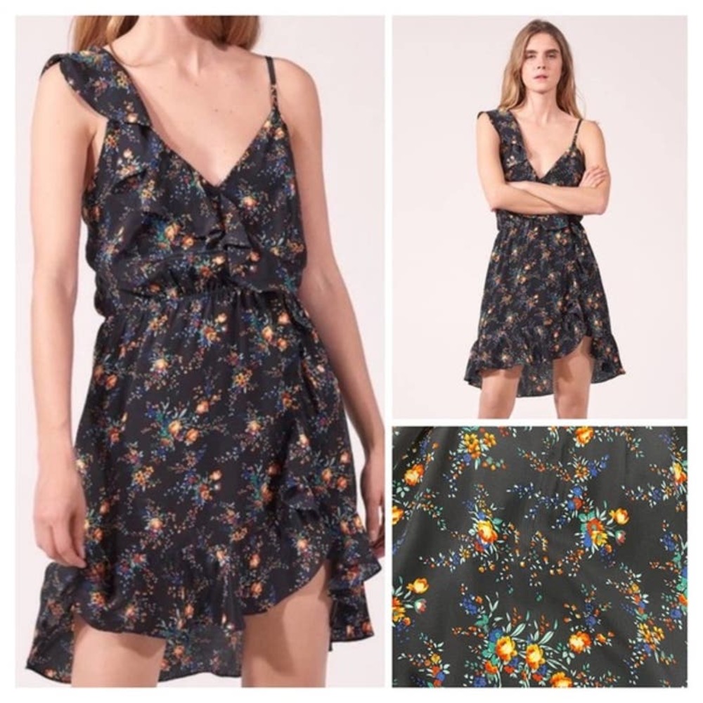 Sandro Petunia Ruffle Silk Mini Dress in Black Floral Size M